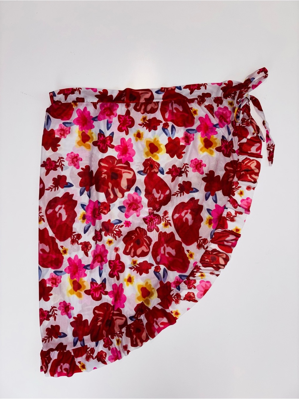 Tie-Side Floral Swim Sarong in Red & Pink with Gathered Hem